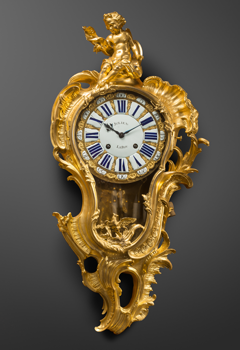 Case attributed to Jacques Caffiéri
Important Gilt Bronze Cartel Clock
“Allegory of Geometry”
Paris, Louis XV period, circa 1745-49 